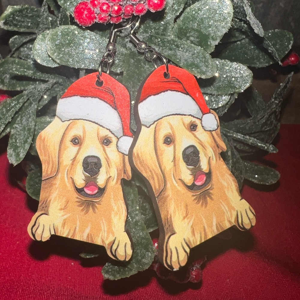 Golden Retriever Santa Earrings